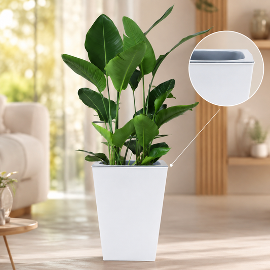 Tall Square Planter Pot with Self-Watering Inlet Imitation Metal Finish